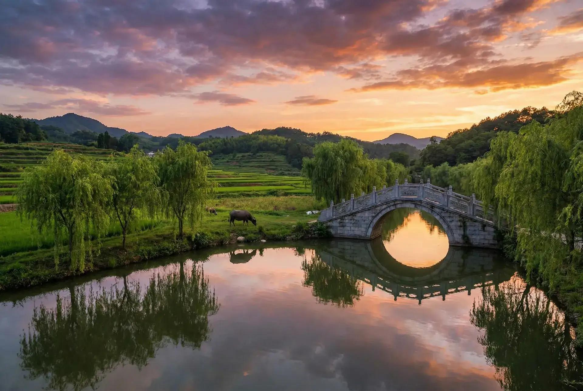 夕阳下的石拱桥与垂柳，水牛在河边吃草 - 新 大雄与铁人兵团 乡村美景